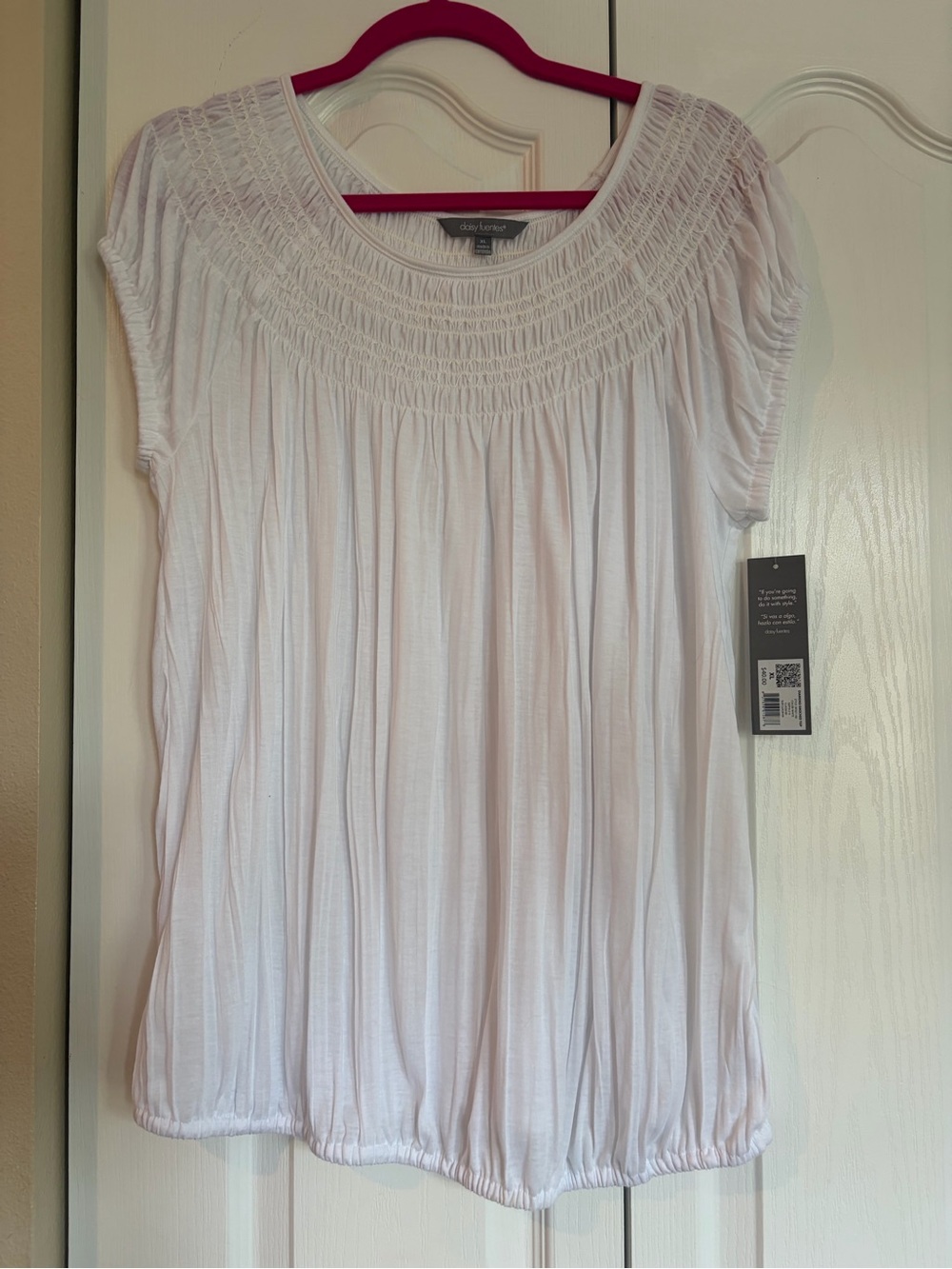 Daisy Fuentes White Smocked Yoke Peasant Top